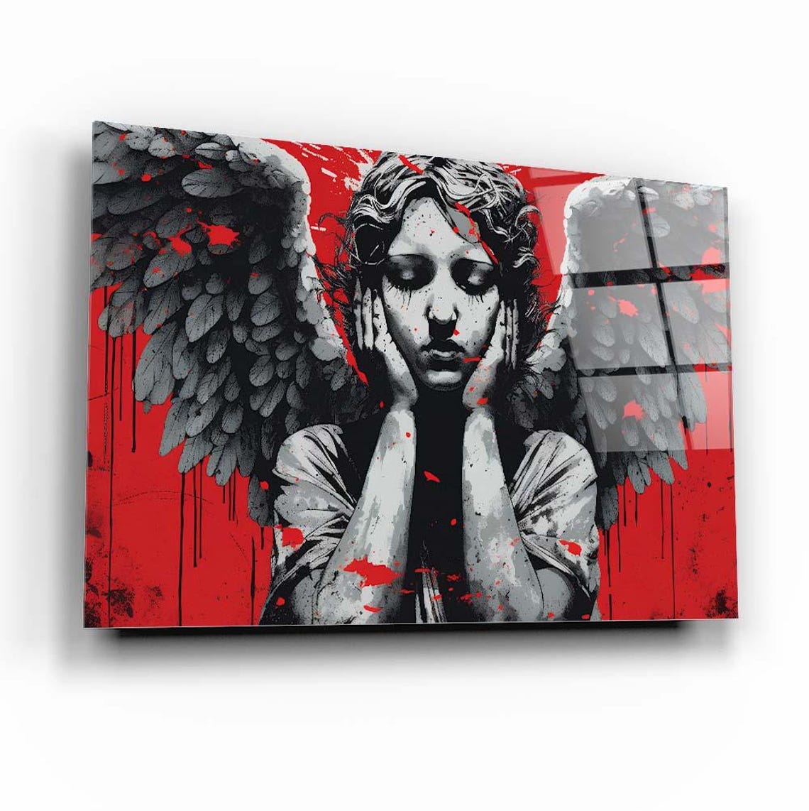 Urban Angel Wall Art Tempered Glass Print Bold Red And Gray Angel Design Modern Glass Wall Art For Home And Office - Image 3