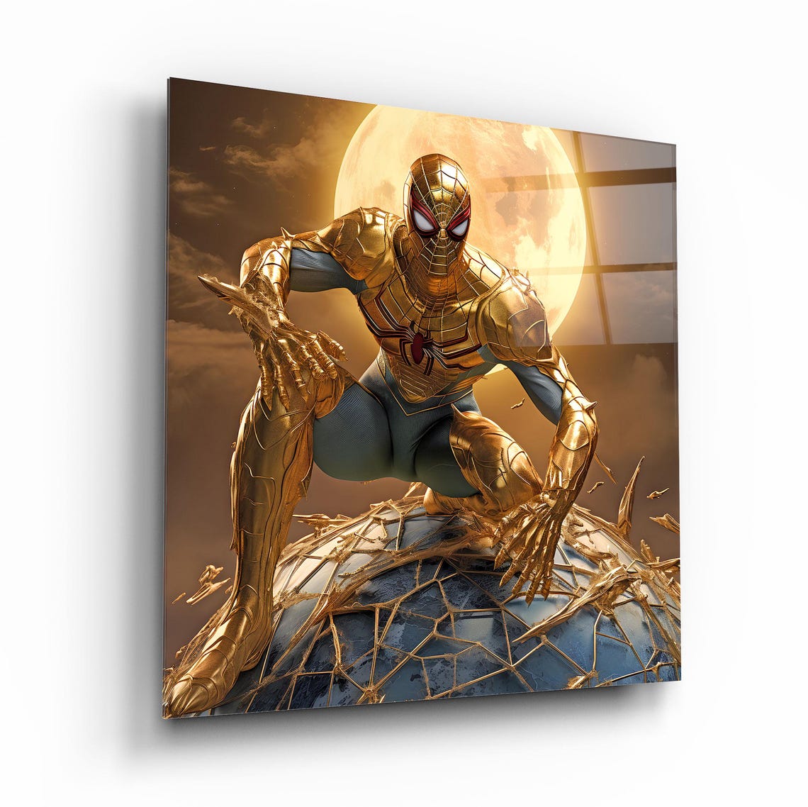 Golden Spider Hero Crouching On Globe Modern Pop Art Glass Poster - Image 2