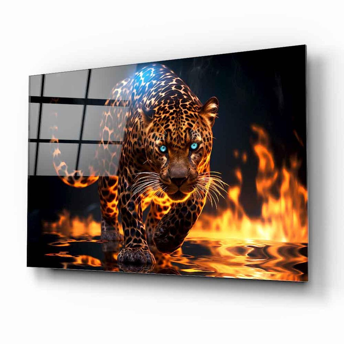 Fierce Leopard Walking Through Blazing Fire With Blue Eyes Poster - Image 2