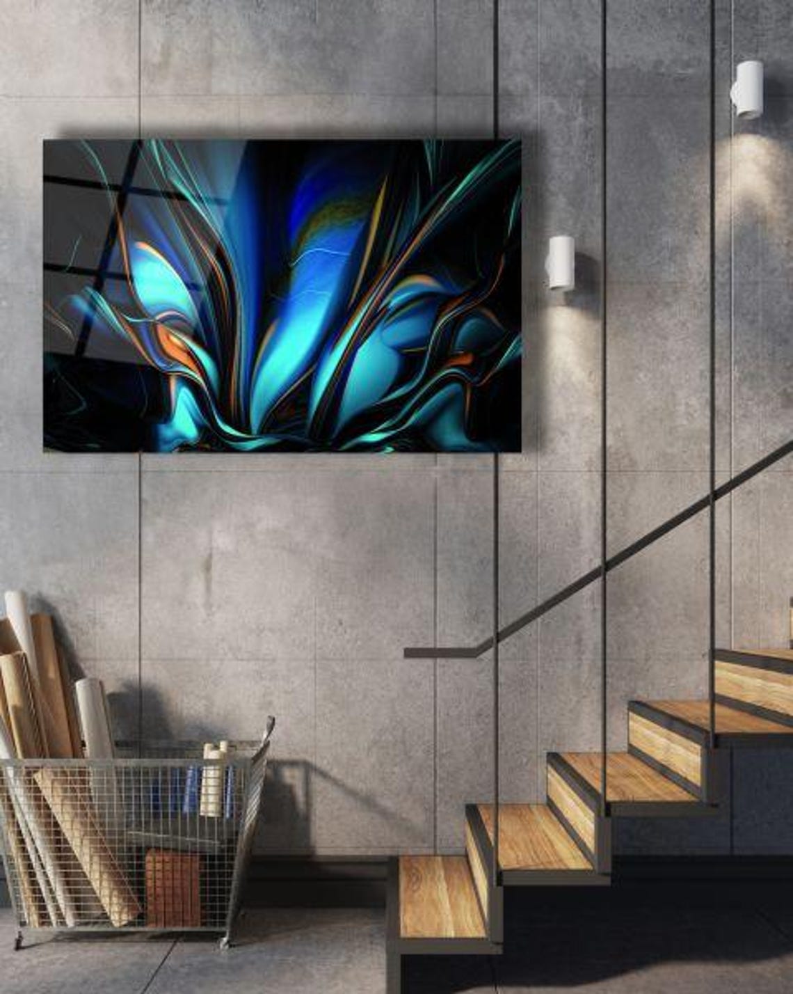 Luminous Blue Orange Fluid Swirls Contemporary Abstract Art Poster - Image 3