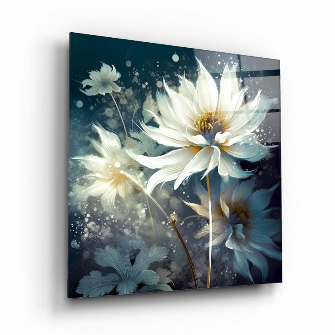 Dreamy White Flowers On Dark Teal Modern Botanical Portrait Poster - Image 2