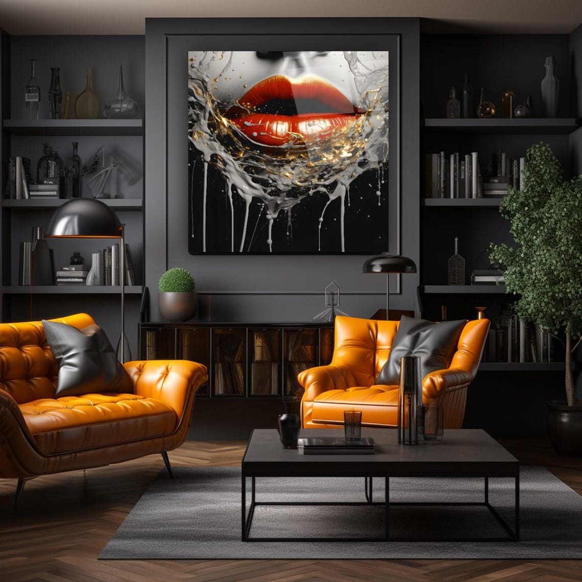 Bold Red Glossy Lips with Dramatic Paint Splash on Black Wall Art
