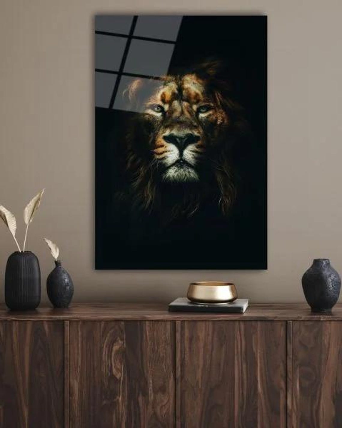 Majestic Lion Portrait Dark Background Powerful Wildlife Art Poster - Image 2