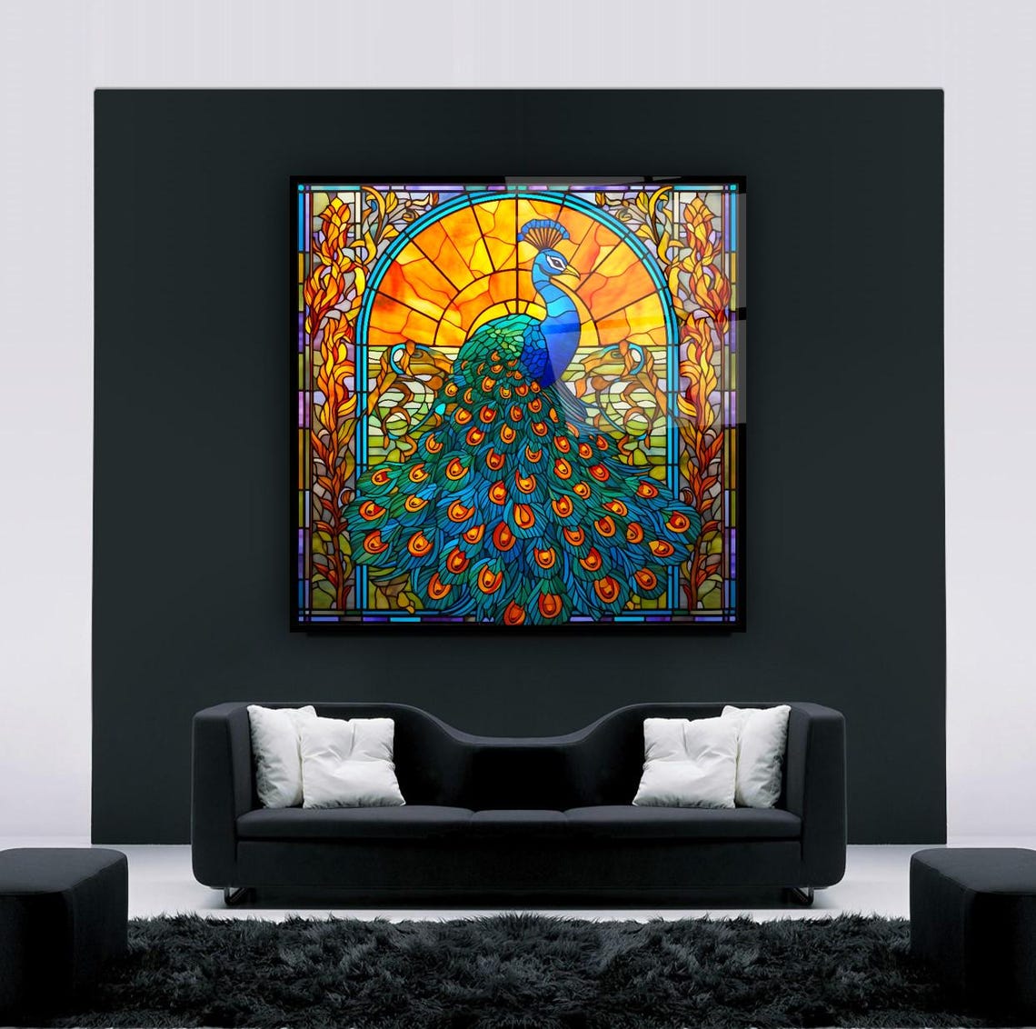 Elegant Peacock Stained Glass Art with Colorful Arch Wall Art - Image 3