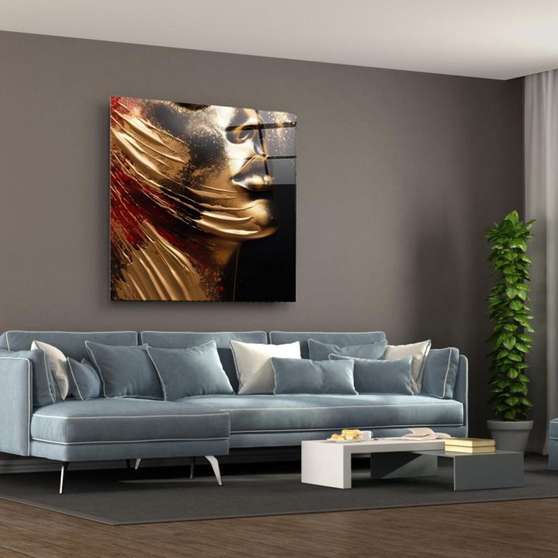 Golden Abstract Portrait Wall Art Tempered Glass Print Modern Glam Decor Luxury Glass Wall Art For Home And Office - Image 3