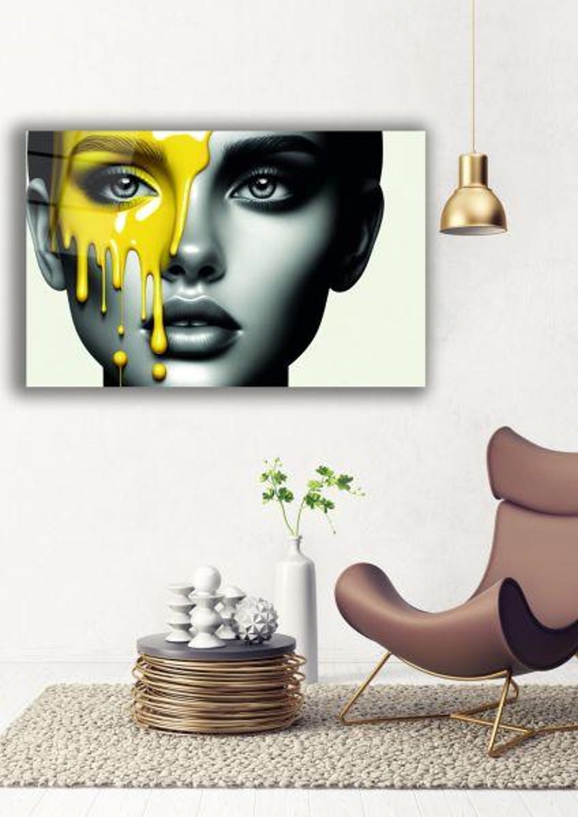 Monochrome Woman Face With Dripping Yellow Paint Surreal Glass Poster - Image 2