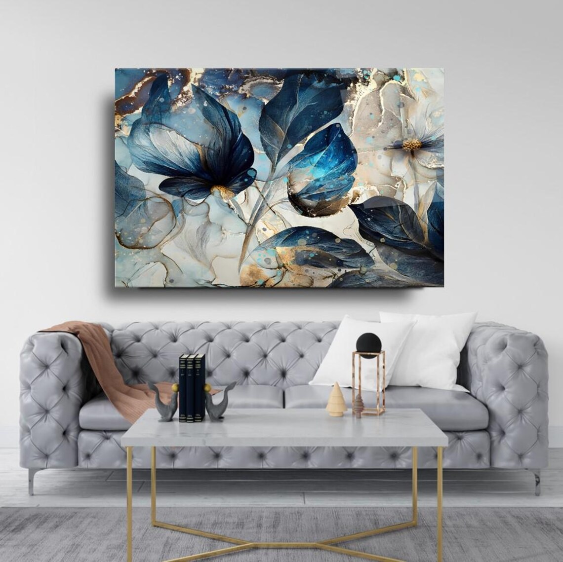 Elegant Blue Floral Wall Art Tempered Glass Print Modern Nature Decor Luxury Glass Wall Art For Home And Office - Image 3