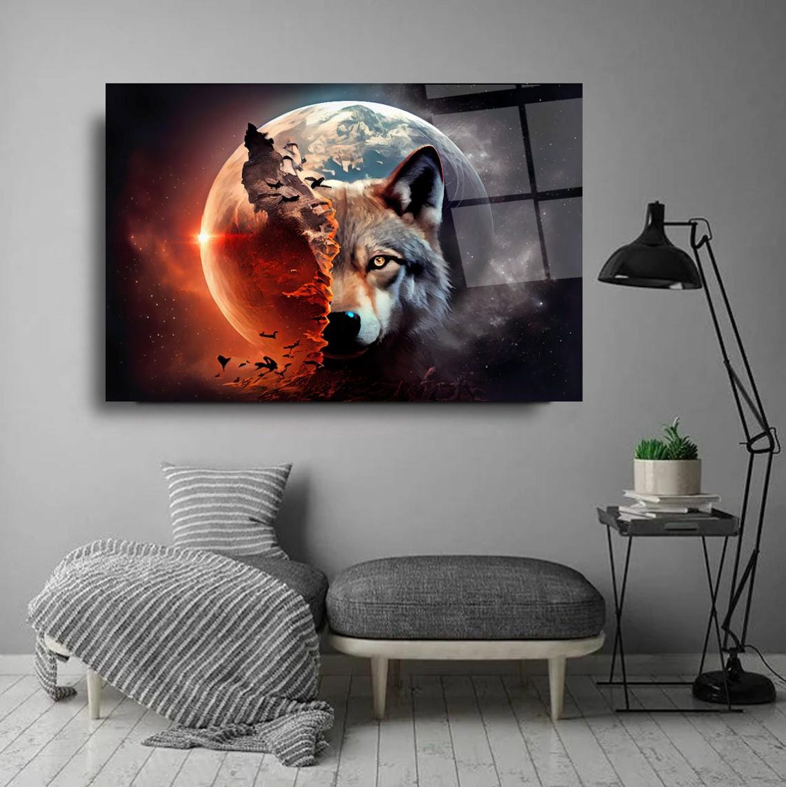 Majestic Wolf Face Split with Cosmic Moon and Planet Wall Art - Image 3