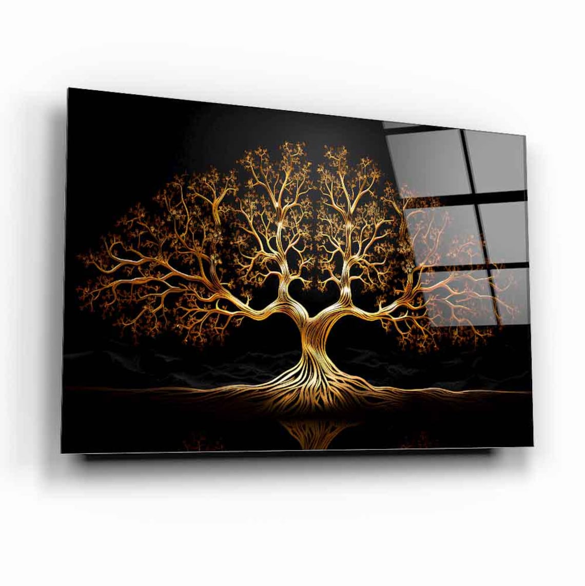 Golden Tree Of Life On Midnight Black Modern Luxury Glass Poster - Image 2