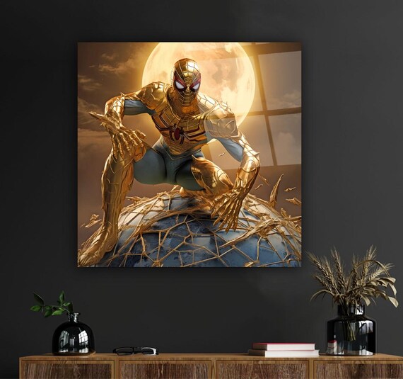 Golden Spider Hero Wall Art Tempered Glass Print Modern Superhero Wall Decor Luxury Glass Wall Art For Home And Office
