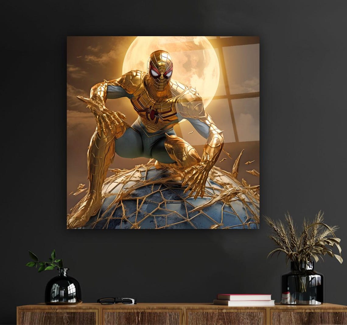 Golden Spider Hero Crouching On Globe Modern Pop Art Glass Poster