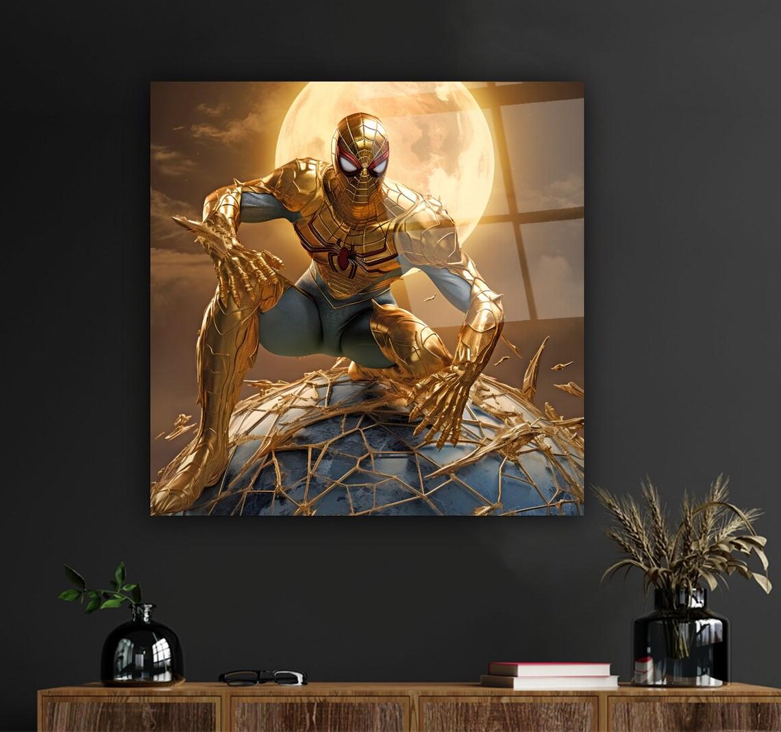 Golden Spider Hero Wall Art Tempered Glass Print Modern Superhero Wall Decor Luxury Glass Wall Art For Home And Office