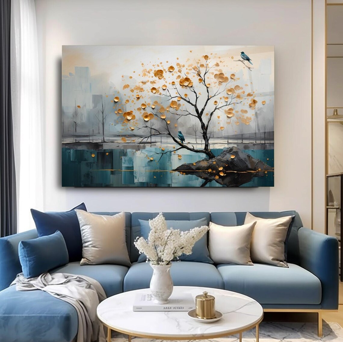 Golden Blossom Tree Birds Teal Waters Elegant Nature Art Poster