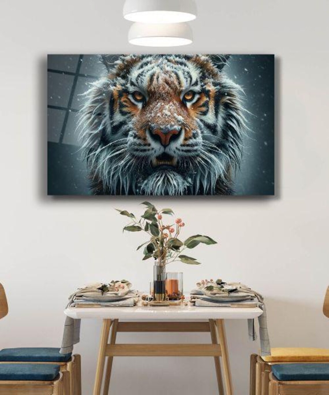 Snow Dusted Tiger Face Close Up With Amber Eyes Wildlife Glass Poster - Image 3