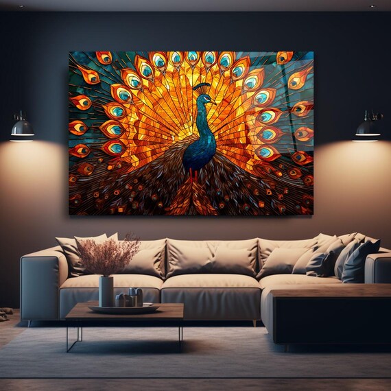 Regal Peacock Portrait Wall Art Tempered Glass Print Modern Animal Wall Decor Luxury Glass Wall Art For Home And Office