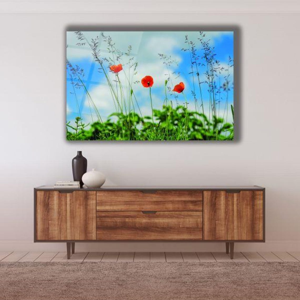 Bright Red Poppy Flowers Against Blue Sky Summer Meadow Poster
