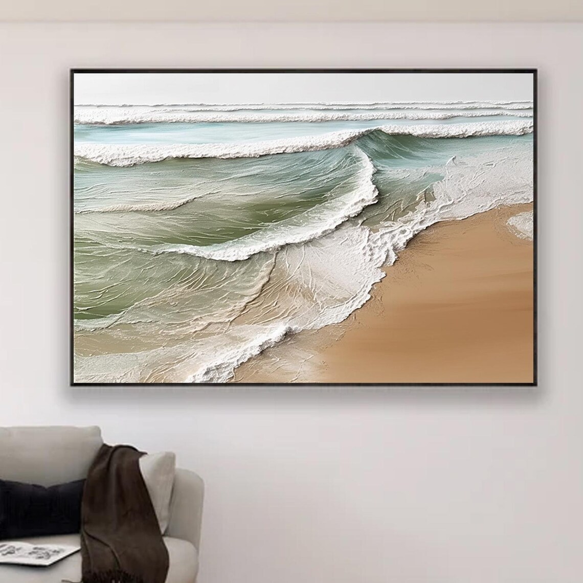 Teal Ocean Waves Washing Tan Sand Beach Panoramic Seascape Art Poster - Image 4