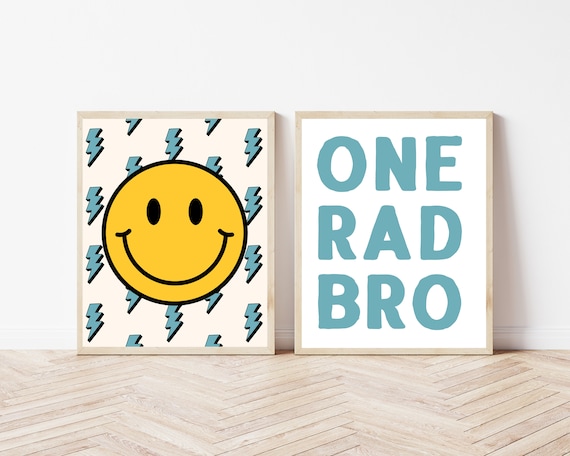 Smiley Face Lightning Bolt and One Rad Bro Teal Letter Pair Poster
