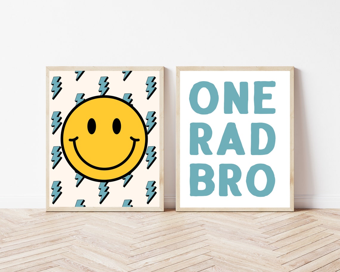 Smiley Face Lightning Bolt and One Rad Bro Teal Letter Pair Poster