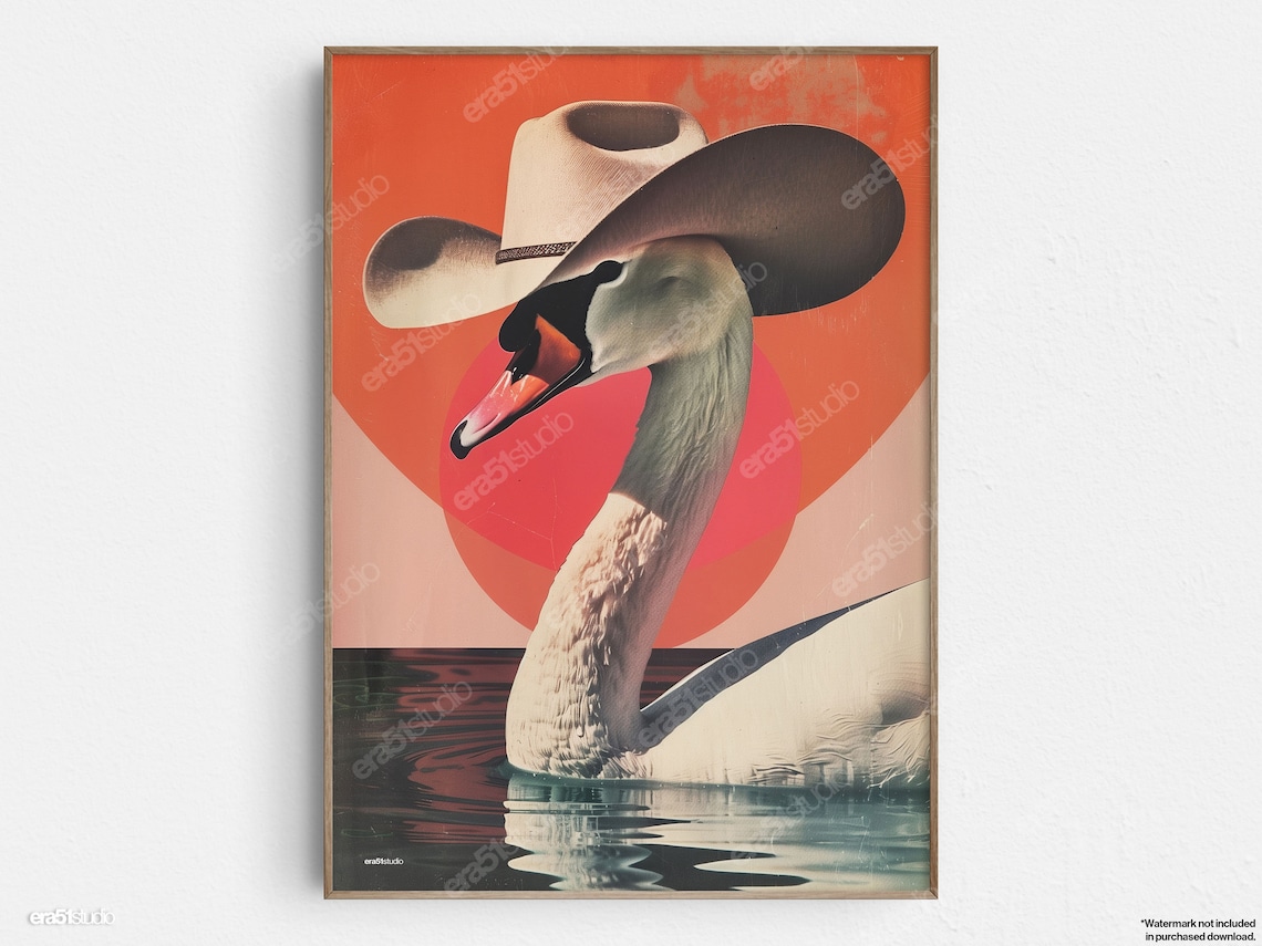 Swan Cowboy Hat Funny Western White Bird Sunset Retro Art Poster