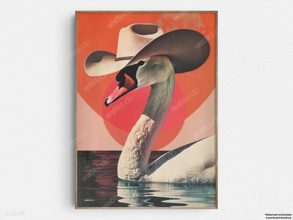 Swan With Cowboy Hat Original Midcentury Modern Minimalist Wall Art