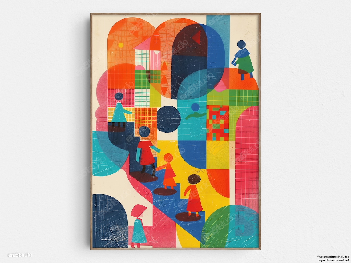 Playful Shapes And Kids, Mid-Century Modern Art Print