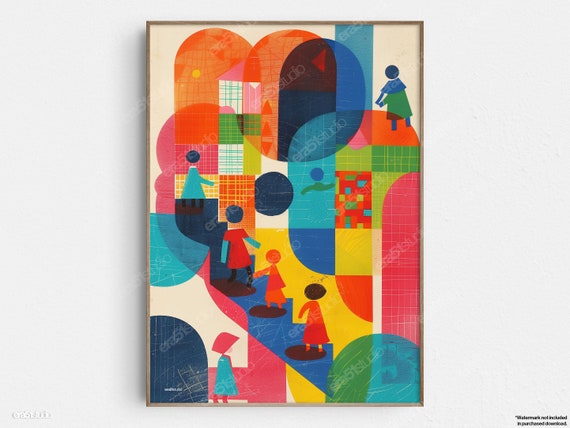 Playful Shapes And Kids, Mid-Century Modern Art Print