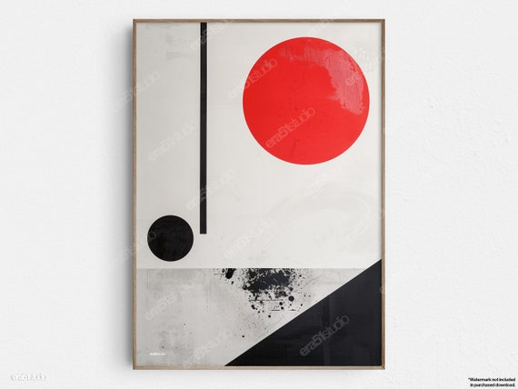 Bold Red Sphere Abstract Painting Original Midcentury Modern Minimalist Wall Art
