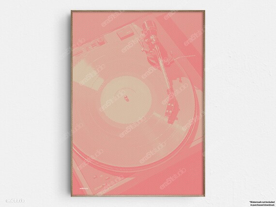 Pink Halftone Record Player Vinyl Turntable Retro Music Room Poster