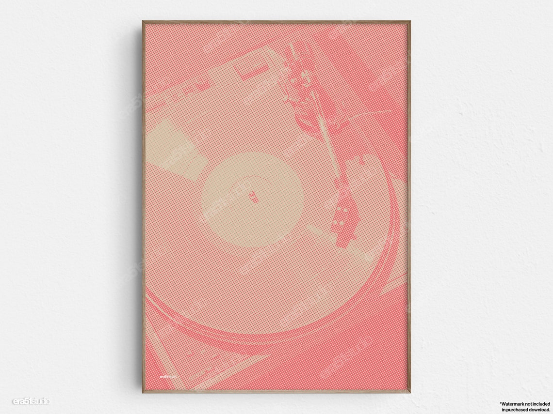 Pink Halftone Record Player Vinyl Turntable Retro Music Room Poster