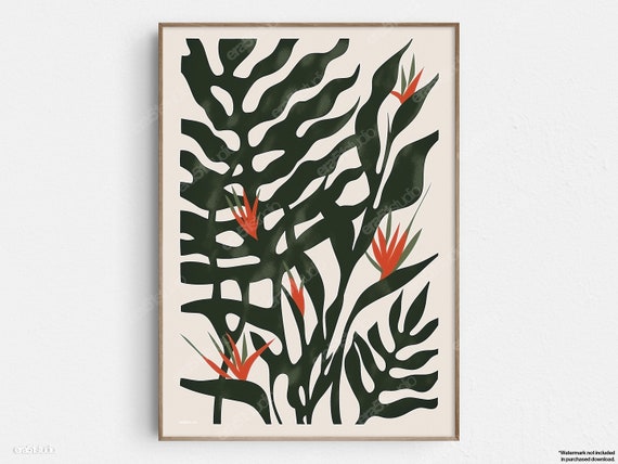 Lush Birds Of Paradise Garden Silhouettes Original Midcentury Modern Minimalist Wall Art