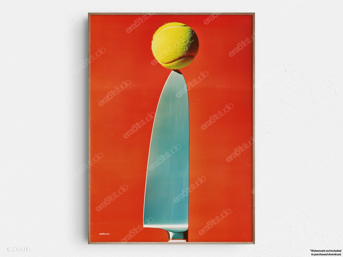 Tennis Ball Balanced on Chef Knife Surreal Red Kitchen Poster