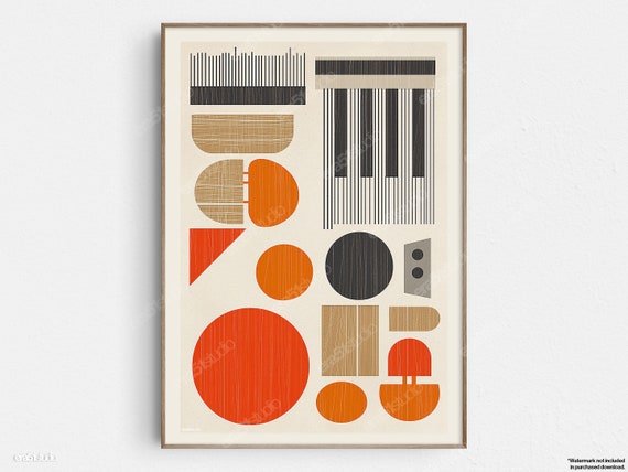 Retro Geometric Elegance Musical Instruments Painting Original Midcentury Modern Minimalist Wall Art