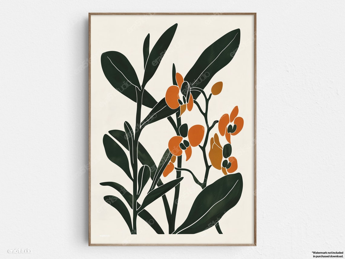 Orange Orchid Flower With Green Leaves Original Midcentury Modern Minimalist Wall Art