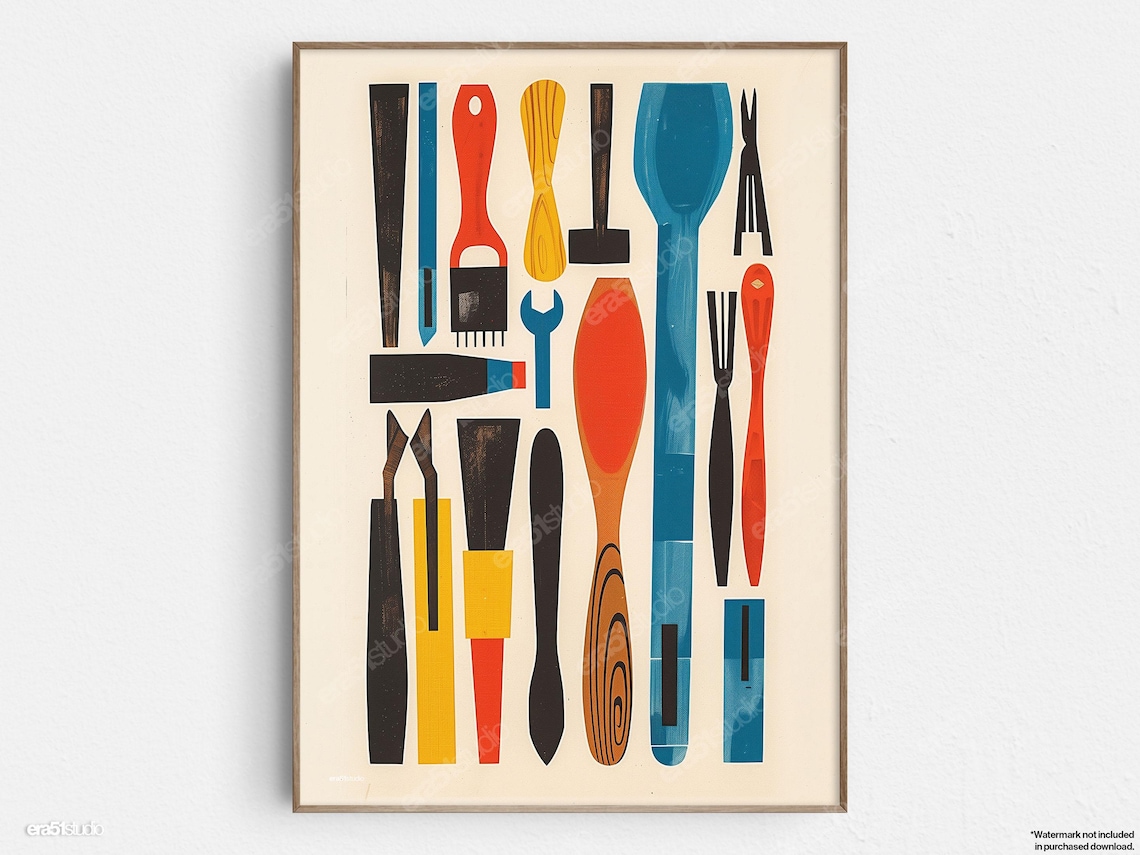 Abstract Hand Tools Collection Colorful Midcentury Geometric Art Poster