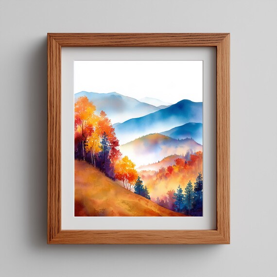 Autumn Mountainside Wall Art Fall Foliage Watercolor Painting Earthy Landscape Decor Moody Nature Scene 31