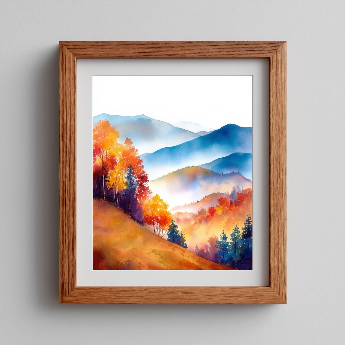 Autumn Mountains Watercolor Fall Foliage Misty Peaks Landscape Art Poster