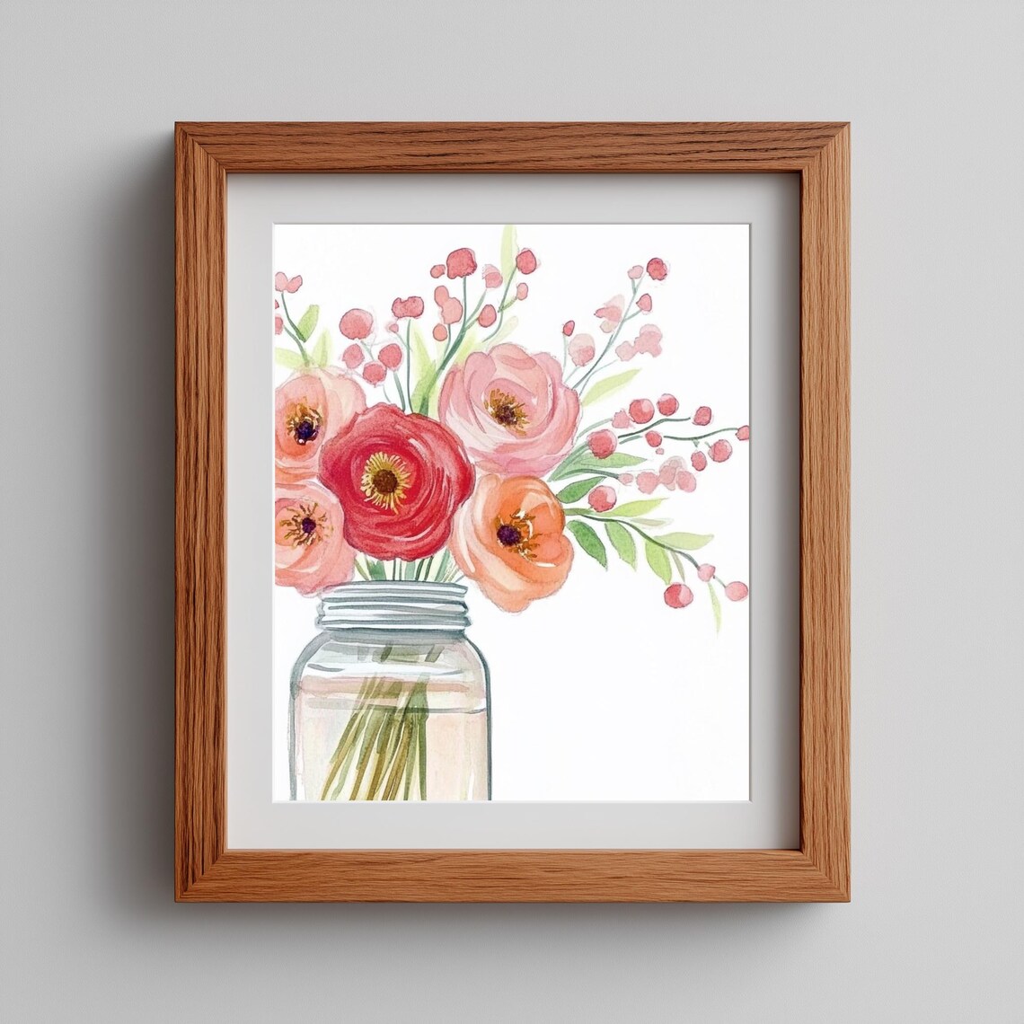 Pink Ranunculus Flowers Mason Jar Farmhouse Rustic Watercolor Decor Poster