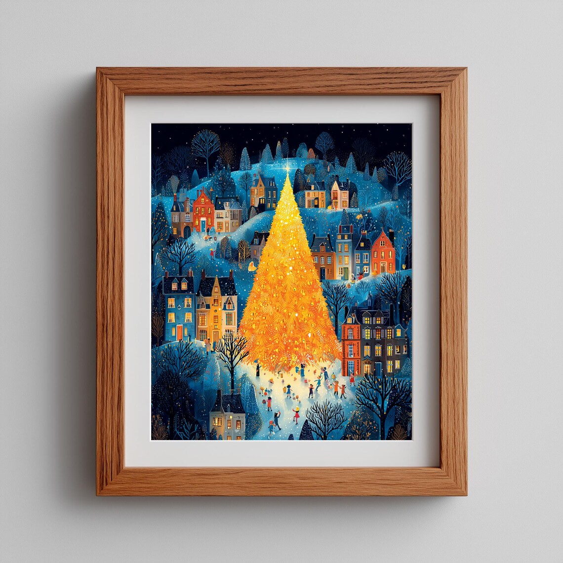Christmas Village Wall Art Print, Holiday Tree Scene
