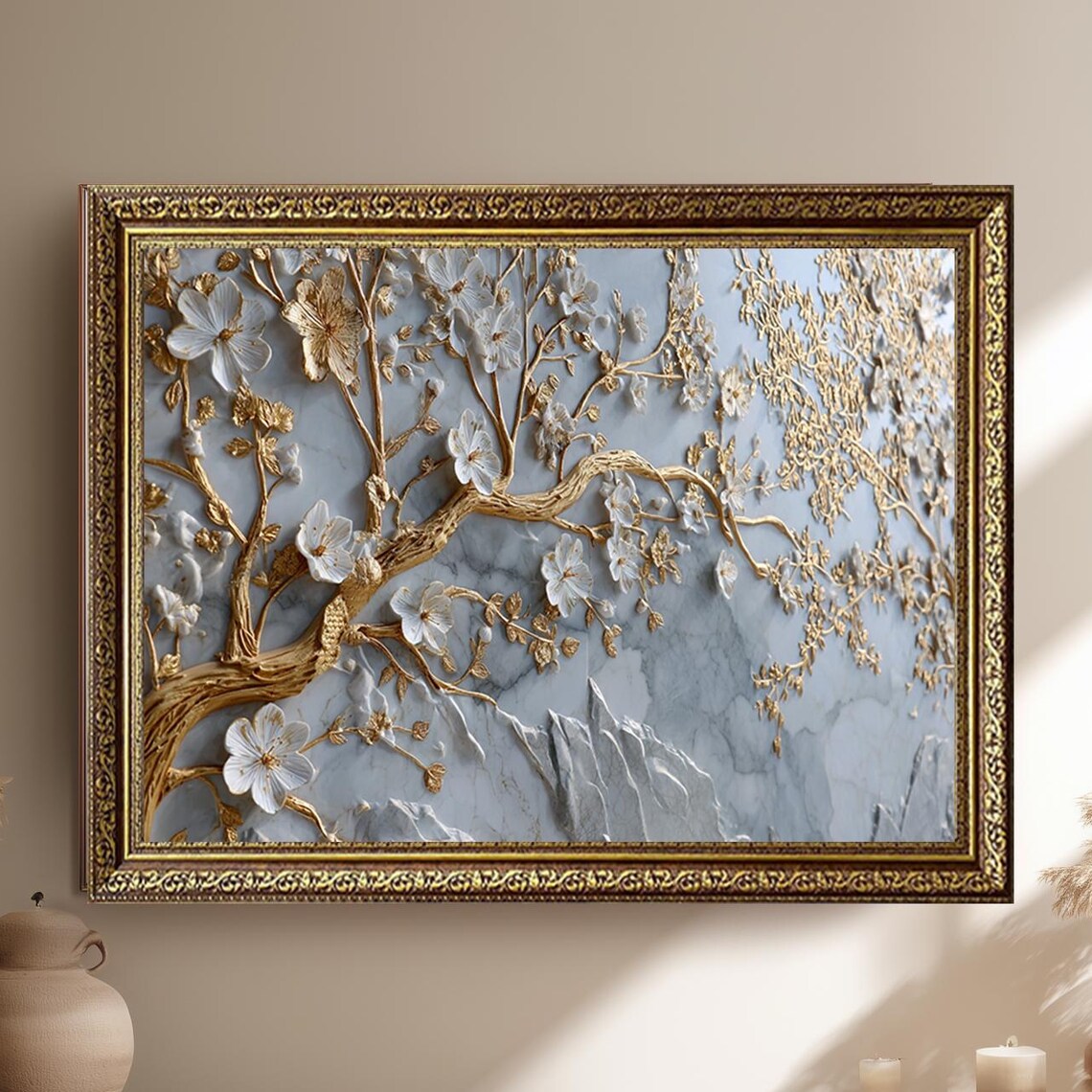 Luxury Golden Floral Branch Tree Wall Poster, White Gold Marble Style
