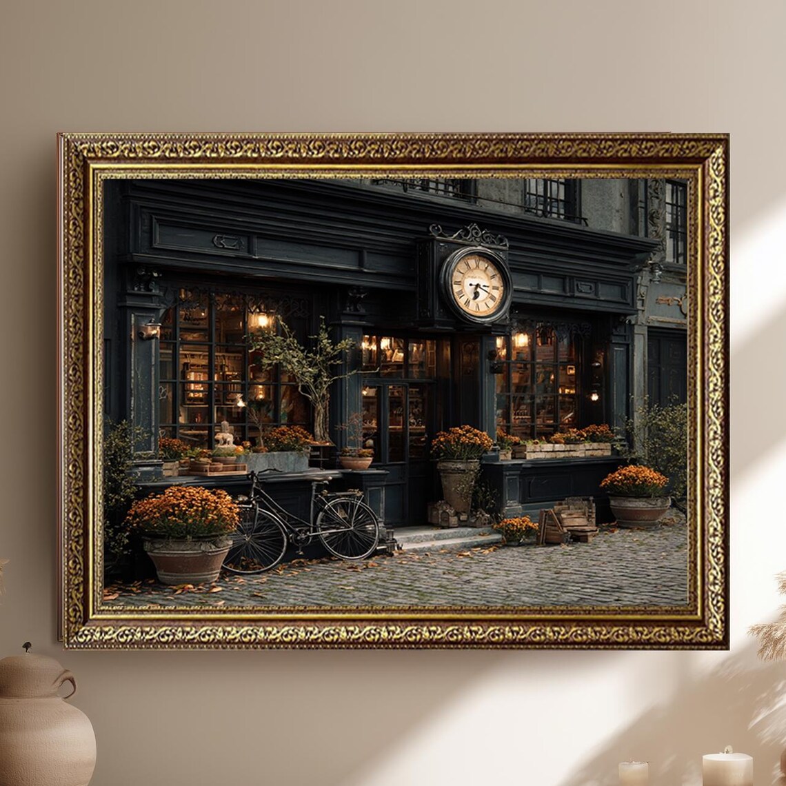 Vintage European Street Shop Clock Bicycle Cobblestone Old Town Poster