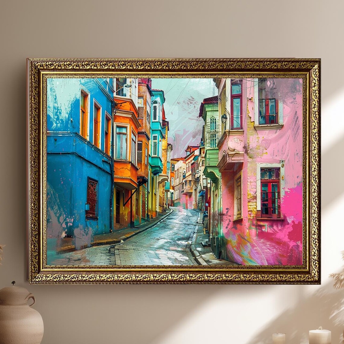 Color Splash Urban Alley Vibrant Painted Street Scene Poster