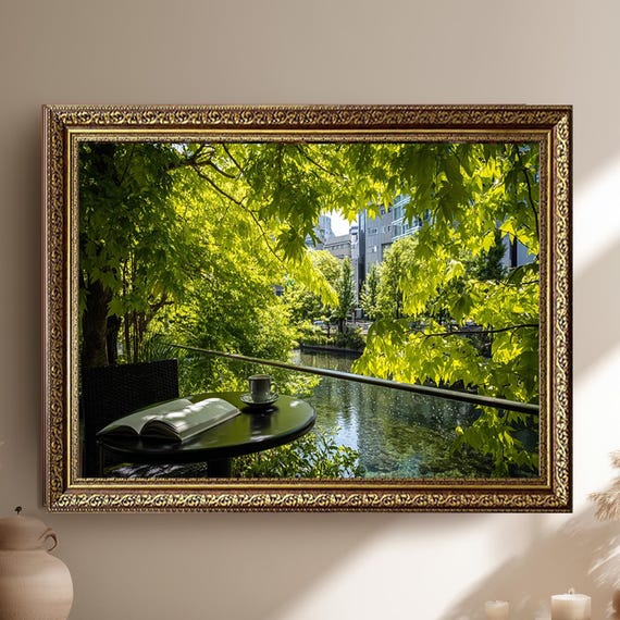Peaceful Balcony View Canvas Wall Art Tranquil Green Nature Scene With Coffee And Book By River Serene Urban Escape Print