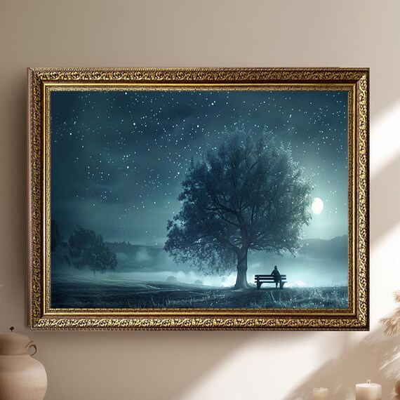 Emotional Starry Night Canvas Wall Art Print Moonlight Tree Landscape Poster Peaceful Dark Sky Room Decor