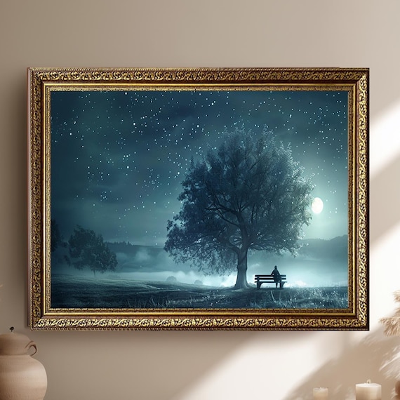 Emotional Starry Night Tree Poster, Moonlight Peaceful Landscape Art