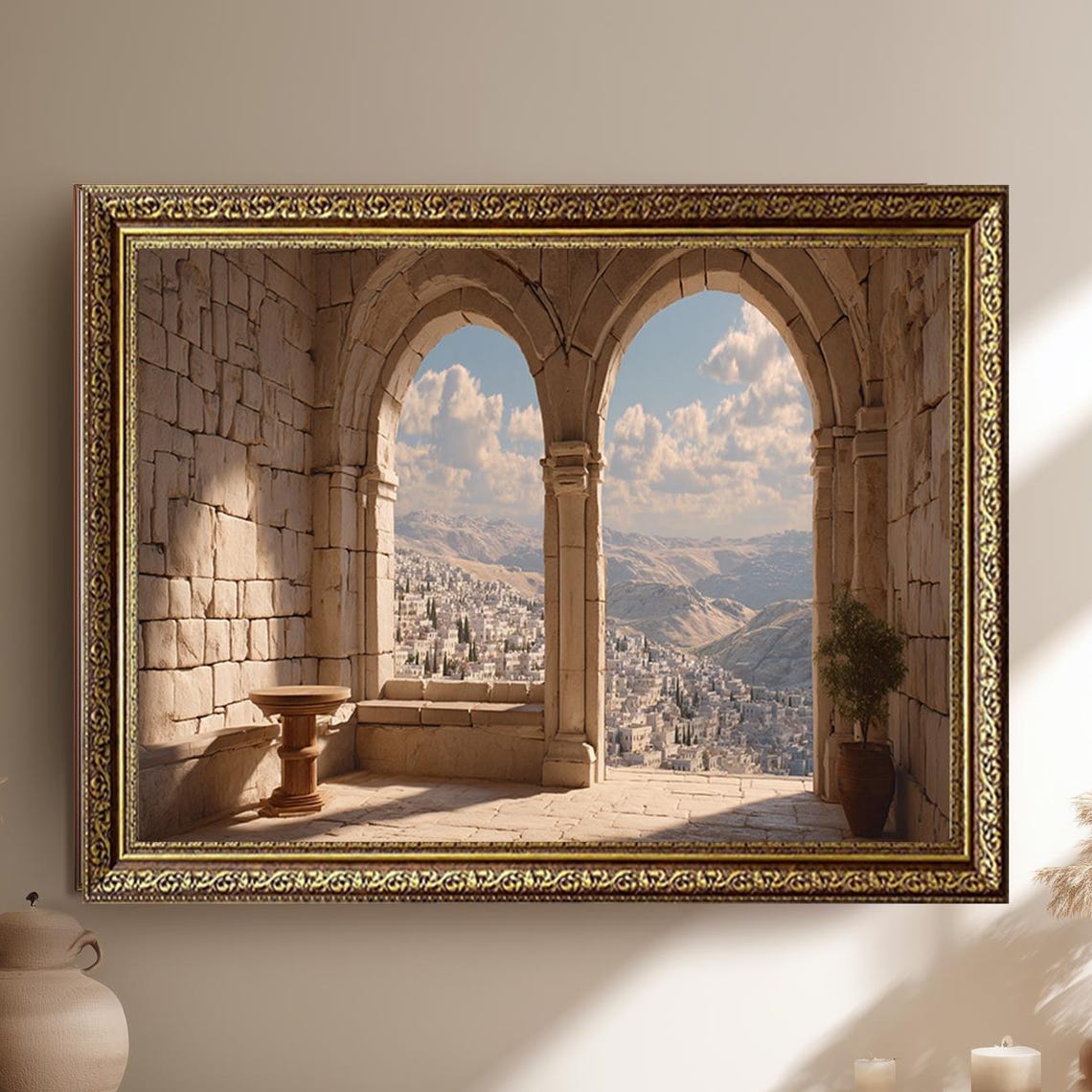 Stone Archway Balcony Overlooking Historic Hillside City Poster