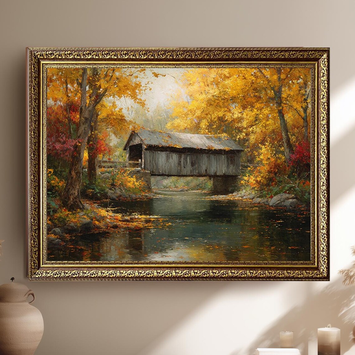 Rustic Autumn Covered Bridge Art Print, Country Landscape