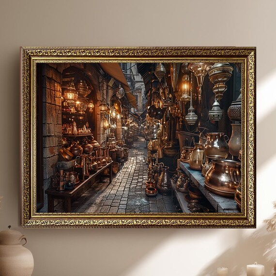 Oriental Bazaar Copperware Lantern Alley Night Market Scene Poster