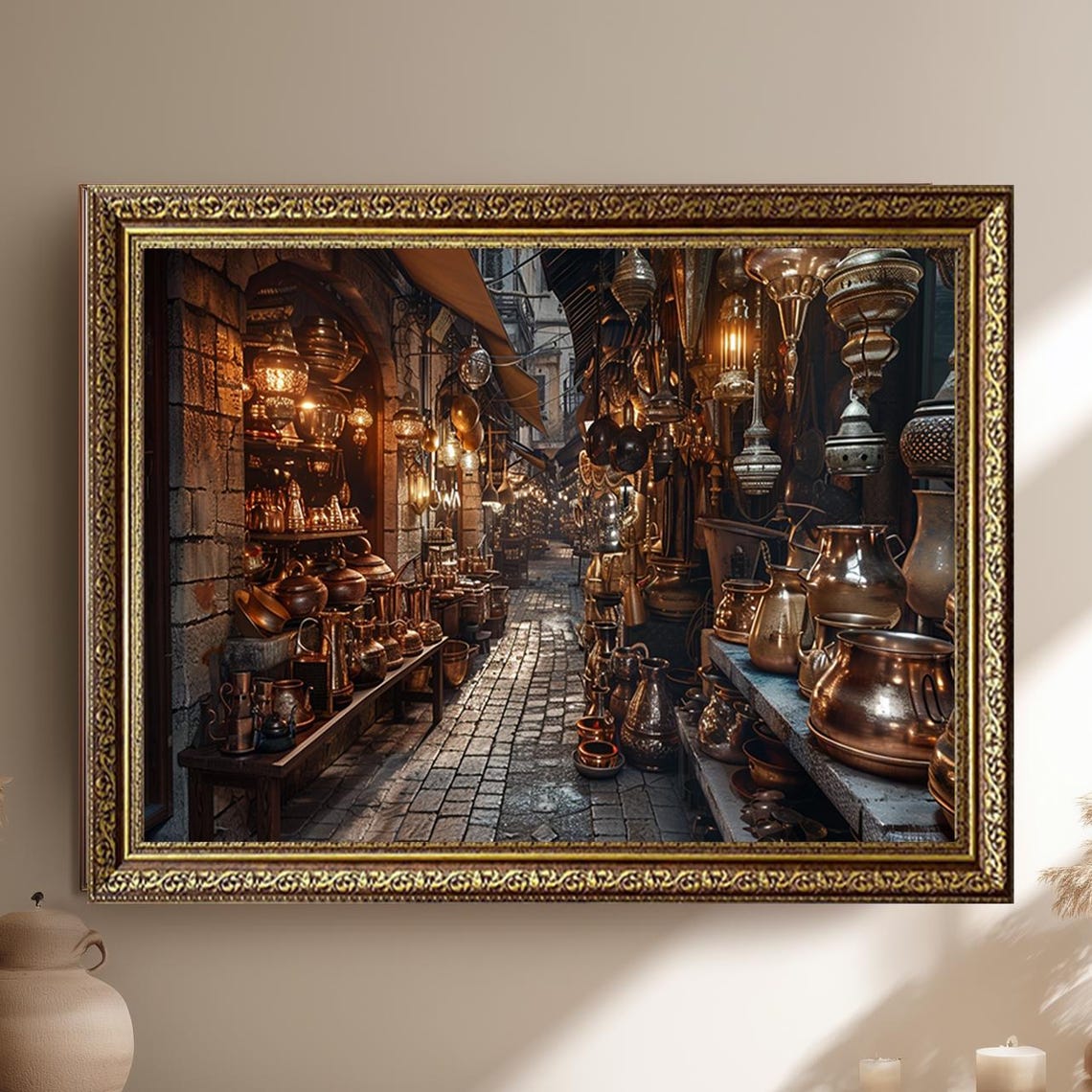 Oriental Bazaar Copperware Lantern Alley Night Market Scene Poster