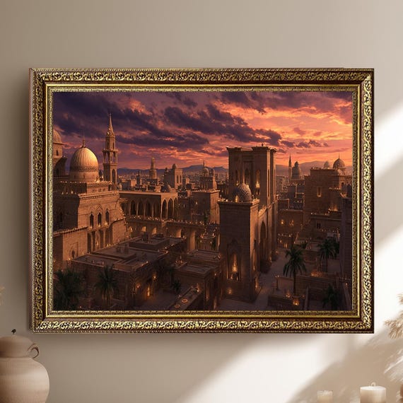 Oriental City Sunset Wall Art Canvas Print Middle Eastern Architecture Painting Ancient Islamic Dome Landscape Artwork For Home Decor